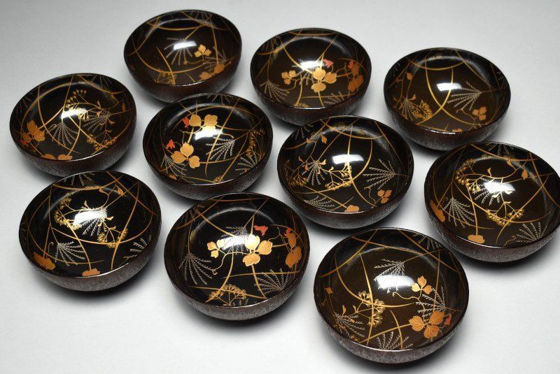 江戸時代金蒔絵秋草図吸物椀十客 江戸時代金蒔絵秋草図吸物椀十客