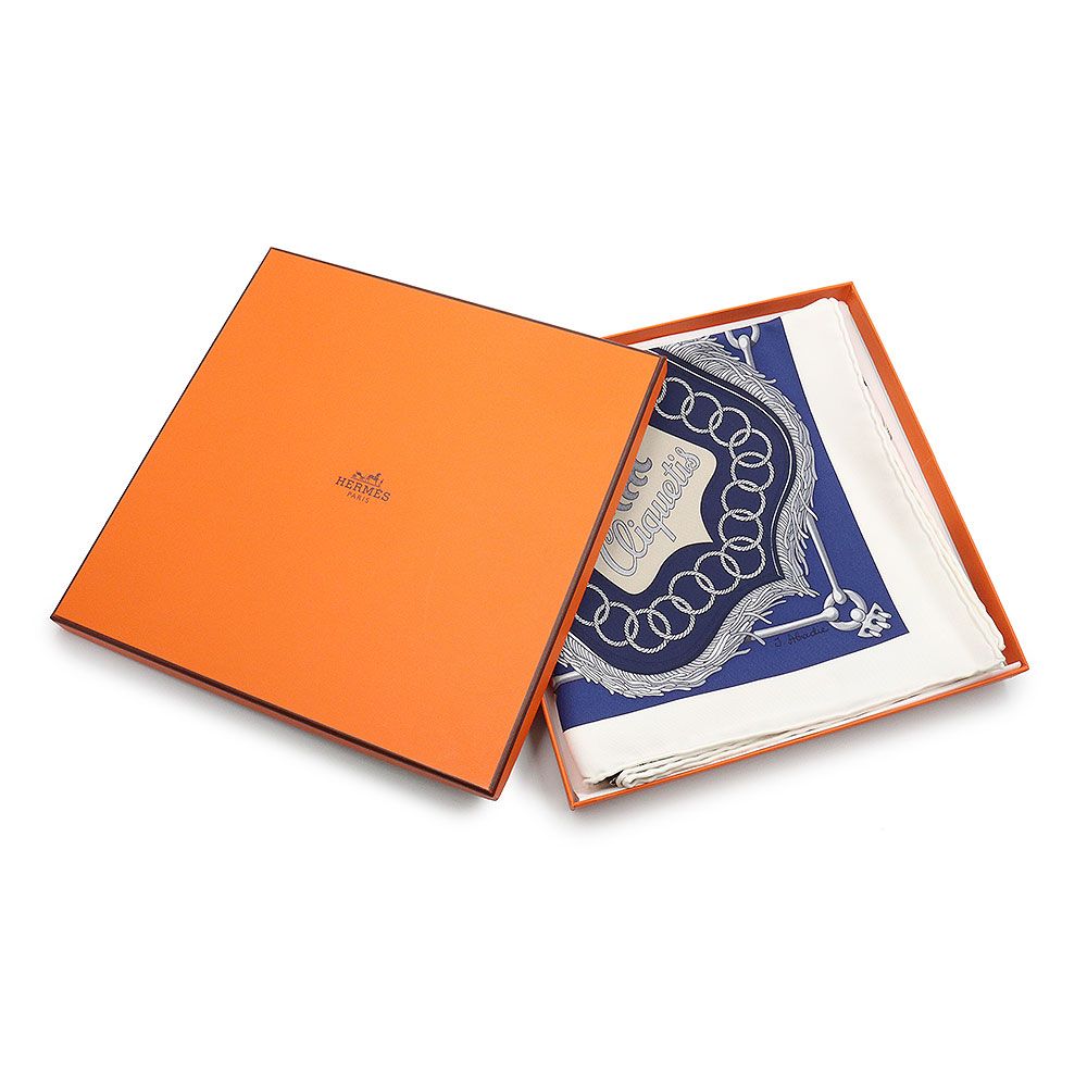 エルメス カレ 90 CLIQUETIS クリケティス カチカチ 剣 スカーフ シルク100% ブラン マリン マリーヌ エベンヌ ホワイト ブルー ブラウン HERMES