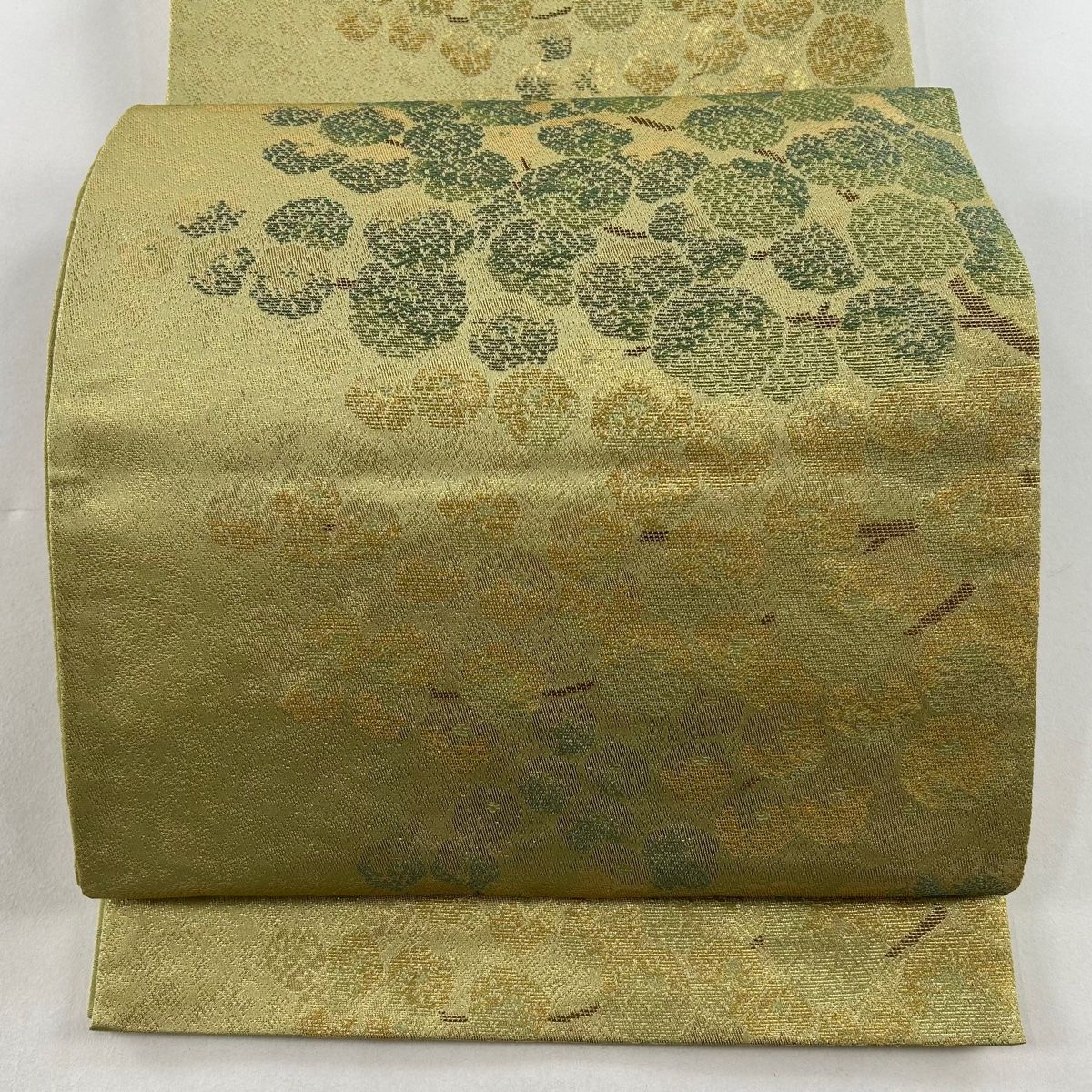 袋帯 優品 川島織物 落款 枝花 箔 抹茶色 六通 化繊 【中古 袋帯 優品 川島織物 落款 枝花 箔 抹茶色 六通 化繊 【中古