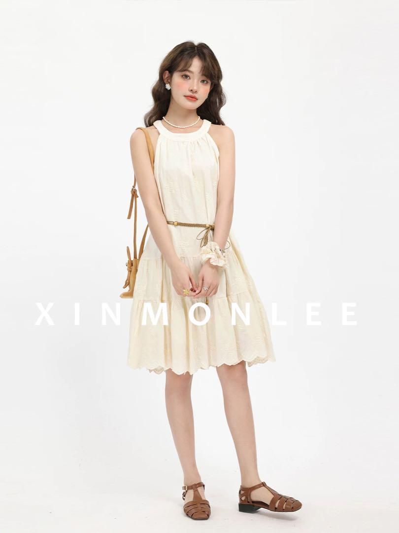 春妖精 ホルターネックキャミワンピースひざ丈デートジャカードドレス