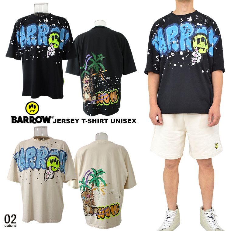 希少 BARROW バロウ グラフィックプリント半袖Tシャツ 海外限定 半袖Tシャツ 半Tティー 半袖TEE ストリート メンズTシャツ 半TEE クルーネック プリント スマイル 男女兼用 ユニセックス オーバーサイズ ベアー バックプリント バロー