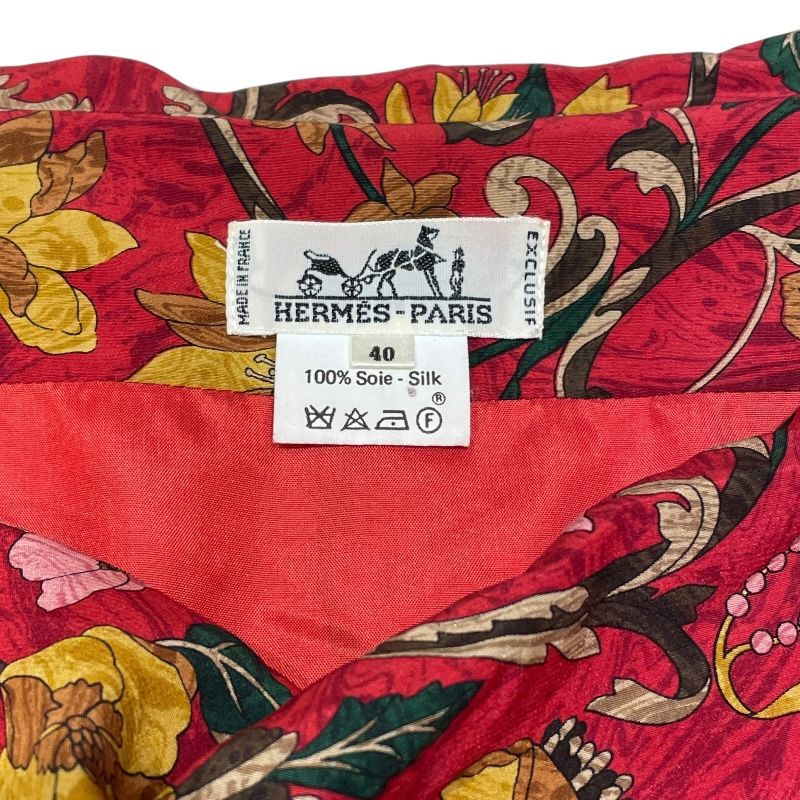 エルメス HERMES 花柄長袖ワンピース レッド シルク レディース  