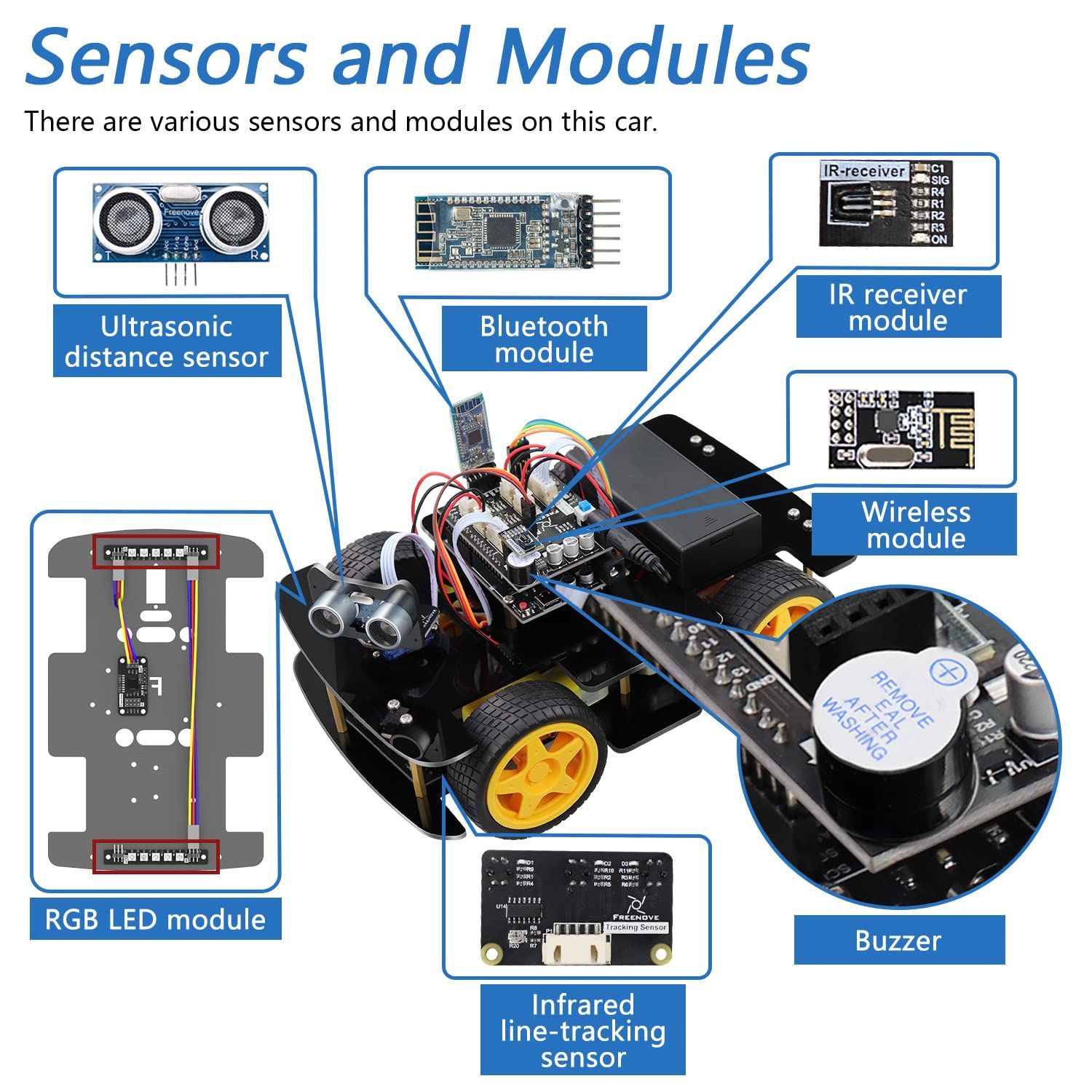 Freenove 4WD カーキット リモコン付き (Arduino IDE と互換性あり)、ライントラッキング、障害物回避、超音波センサー、 ワイヤレス制御モーターサーボ - メルカリ