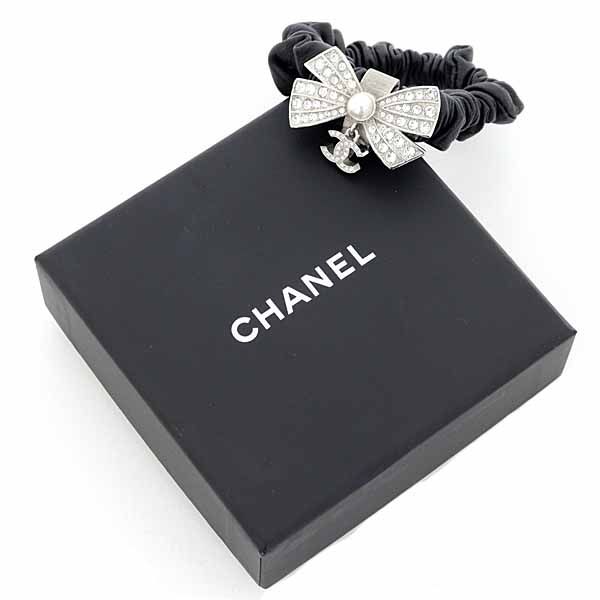 シャネル CHANEL シュシュ ヘア ココマーク リボン ラインストーン フェイクパール レザーメタル A22P Aランク
