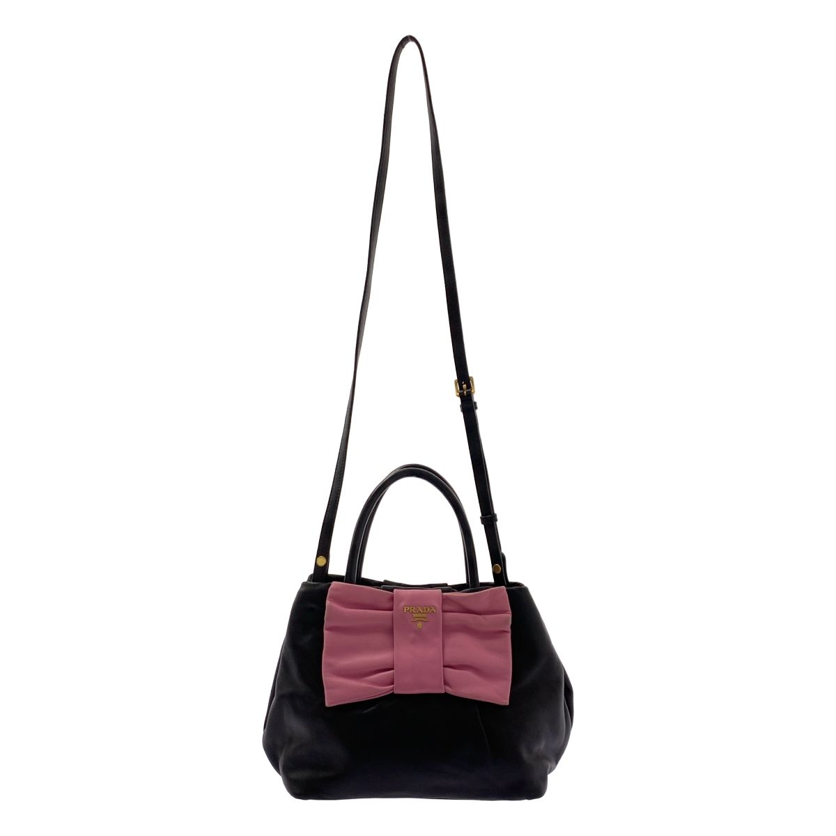 PRADA | プラダ | 2way ショルダー付き レザー バイカラー リボン ハンドバッグ | ブラック|ピンク | レディース