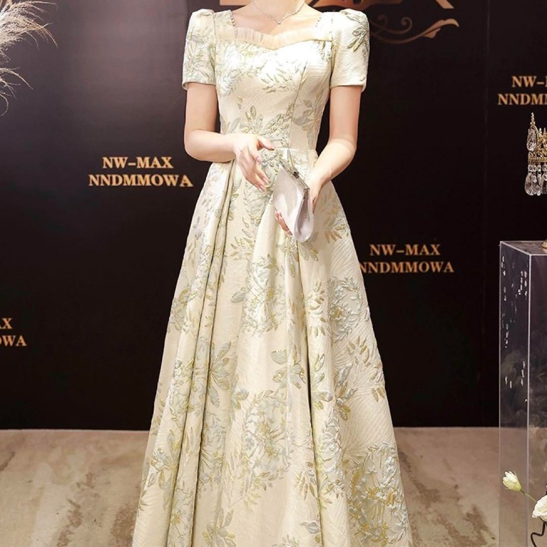 レディースファッション 花柄が美しい パフスリーブロングイブニングドレス .