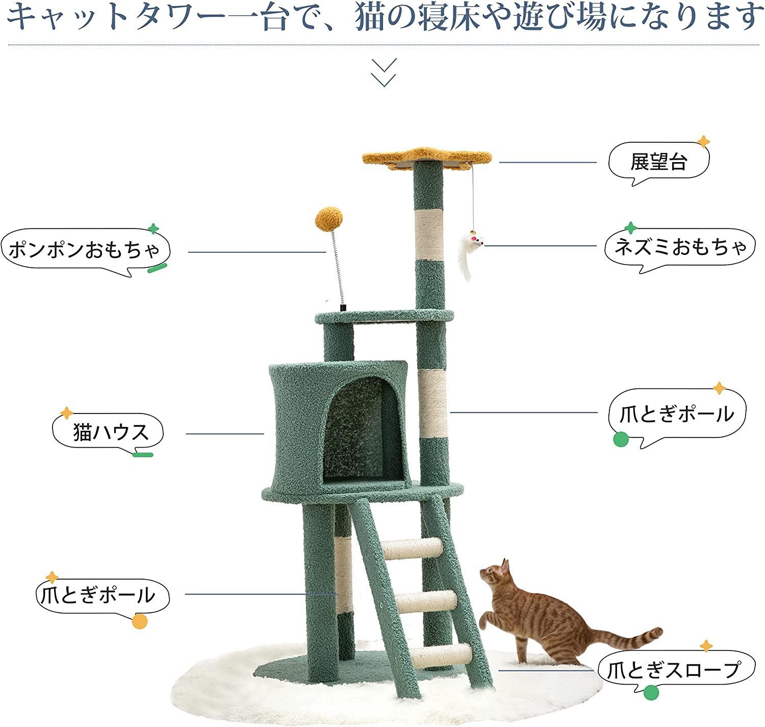 キャットタワー 新品 爪とぎ 猫 ハウス グレー 組み立て簡単 日本語 