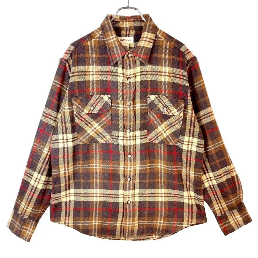ラフ ヒューンRuff Hewan長袖チェックシャツフランネルシャツ好配色マルチカラーベージュ茶色ブラウン赤レッドコットンY2Kグランパコアネオストリートvintageヴィンテージ50502