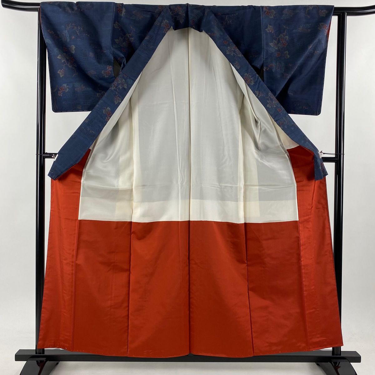 紬 身丈159cm 裄丈63.5cm S 袷 名古屋帯セット 枝花 家屋 紺色 正絹 美  