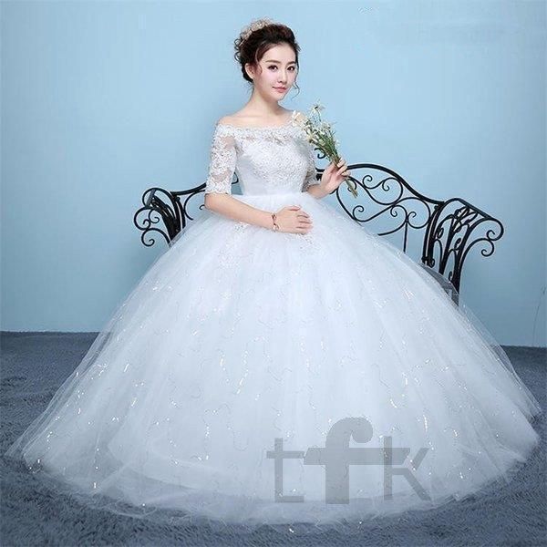 ウエディングドレス安いaライン白袖あり編み上げレース花嫁結婚式ハイウエストマタニティ用パーティードレス二次会ロング丈イブニングドレ