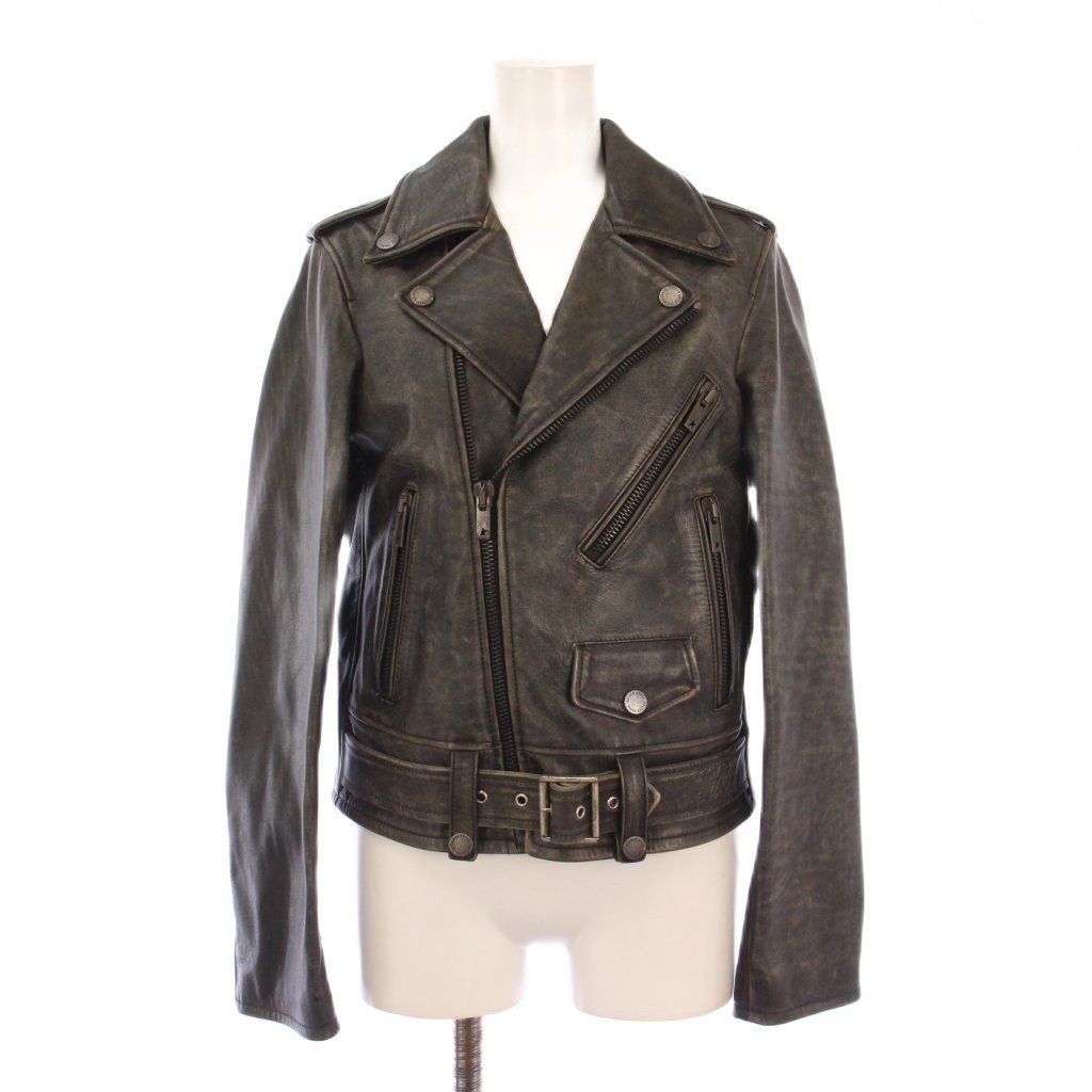 ゴールデングース GOLDEN GOOSE ダブルライダースジャケット レザー 牛革 革ジャン アウター ショート丈 ジップアップ 裏地ヒョウ柄 レオパード 40 黒 ブラック |BB