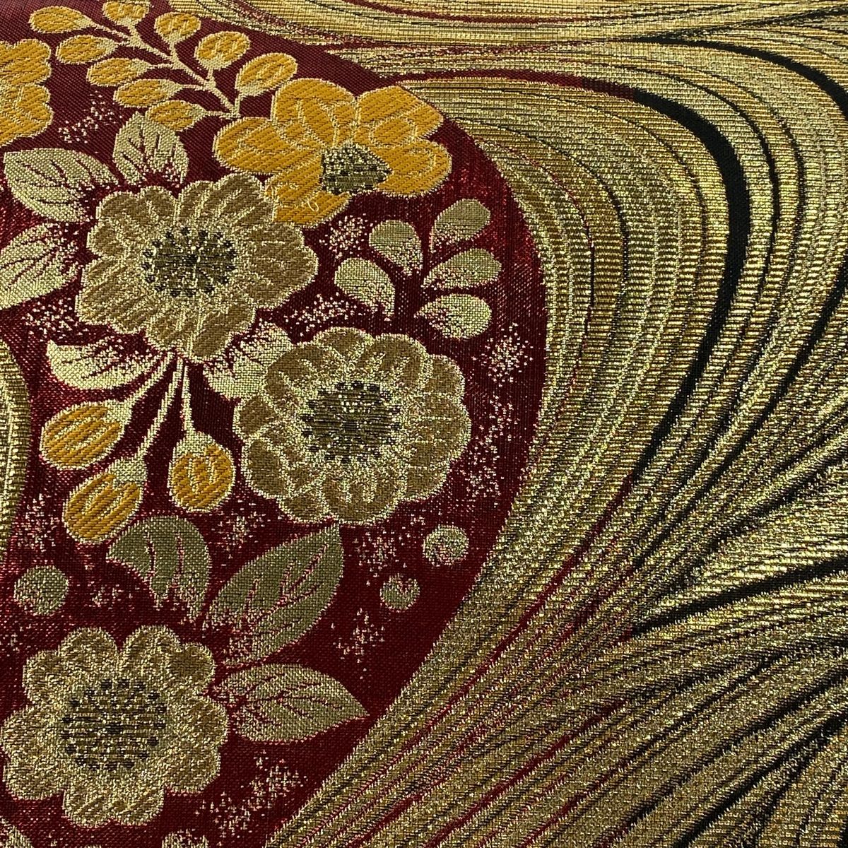袋帯 名品 着物 草花 流水 バイセル 金色 箔 辻が花風 格子 六 六通 雲