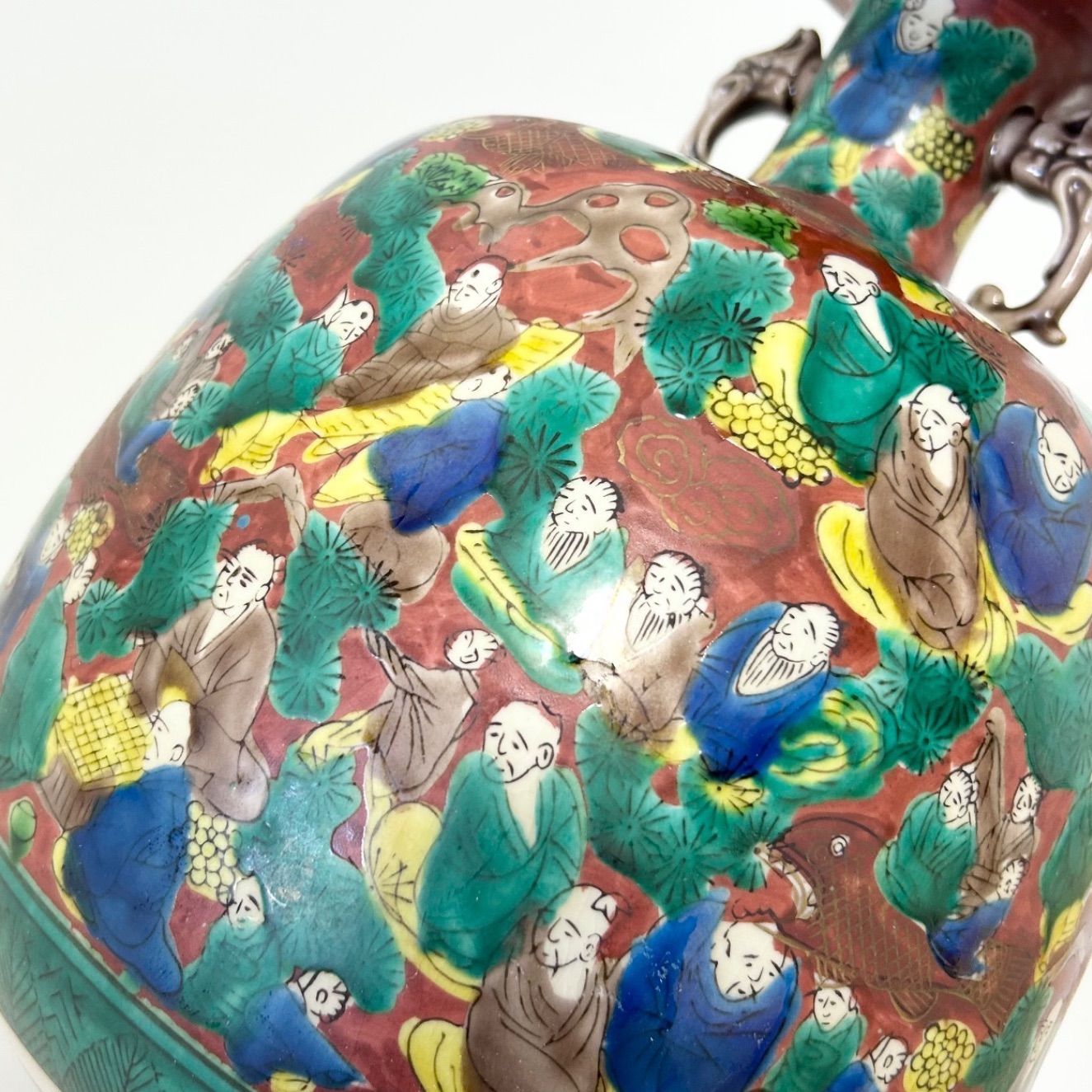 九谷焼 木米 花瓶 耳付き 骨董品 花生 花器 老人 色絵28cm 壺