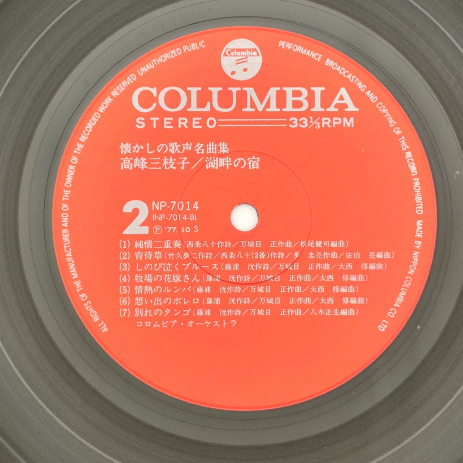 高峰三枝子 懐かしの歌声名曲集 湖畔の宿 COLUMBIA 33RPM 12