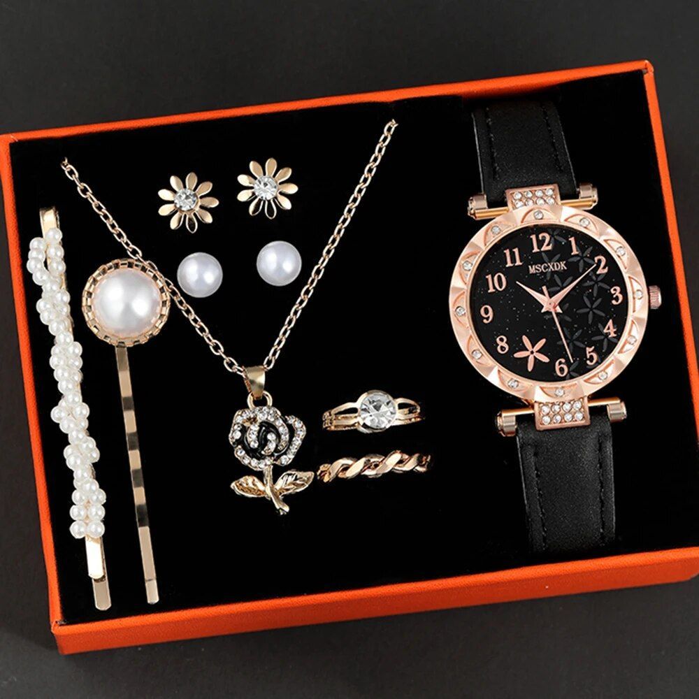 [Brand New] Special price with translation! Women's Watch x Accessory 7 Piece Luxury Set Black Gold ◆ Flower Motif Rose Necklace Earrings Ring Hairpin Faux Pearl ◆
