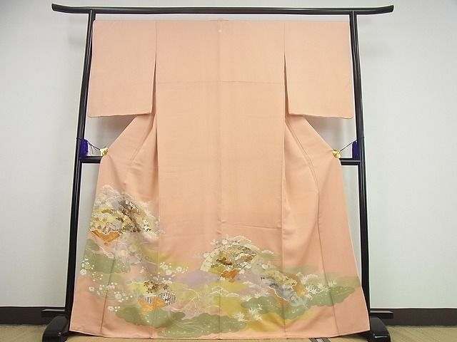 平和屋1□極上 創業460年・千總 色留袖 駒刺繍 檜扇御所車草花文 金彩