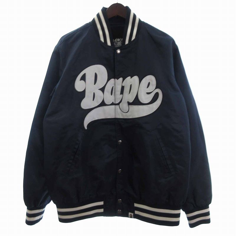 アベイシングエイプ A BATHING APE スタジャン ジャケット 長袖 ロゴ 刺繍 中綿 紺 ネイビー L AA