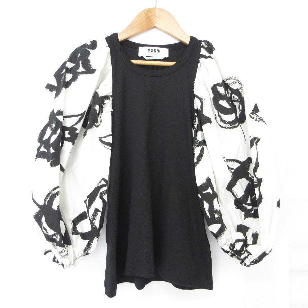 24SS MSGM エムエスジーエム BRUSHED ROSES パフスリーブ Tシャツ カットソー プルオーバー 3642MDM111 Mサイズ ブラック レディース 古着