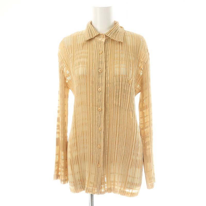 イッセイミヤケ ISSEY MIYAKE シアー総柄プリーツシャツ 長袖 前開き M ベージュ /DO ■OS