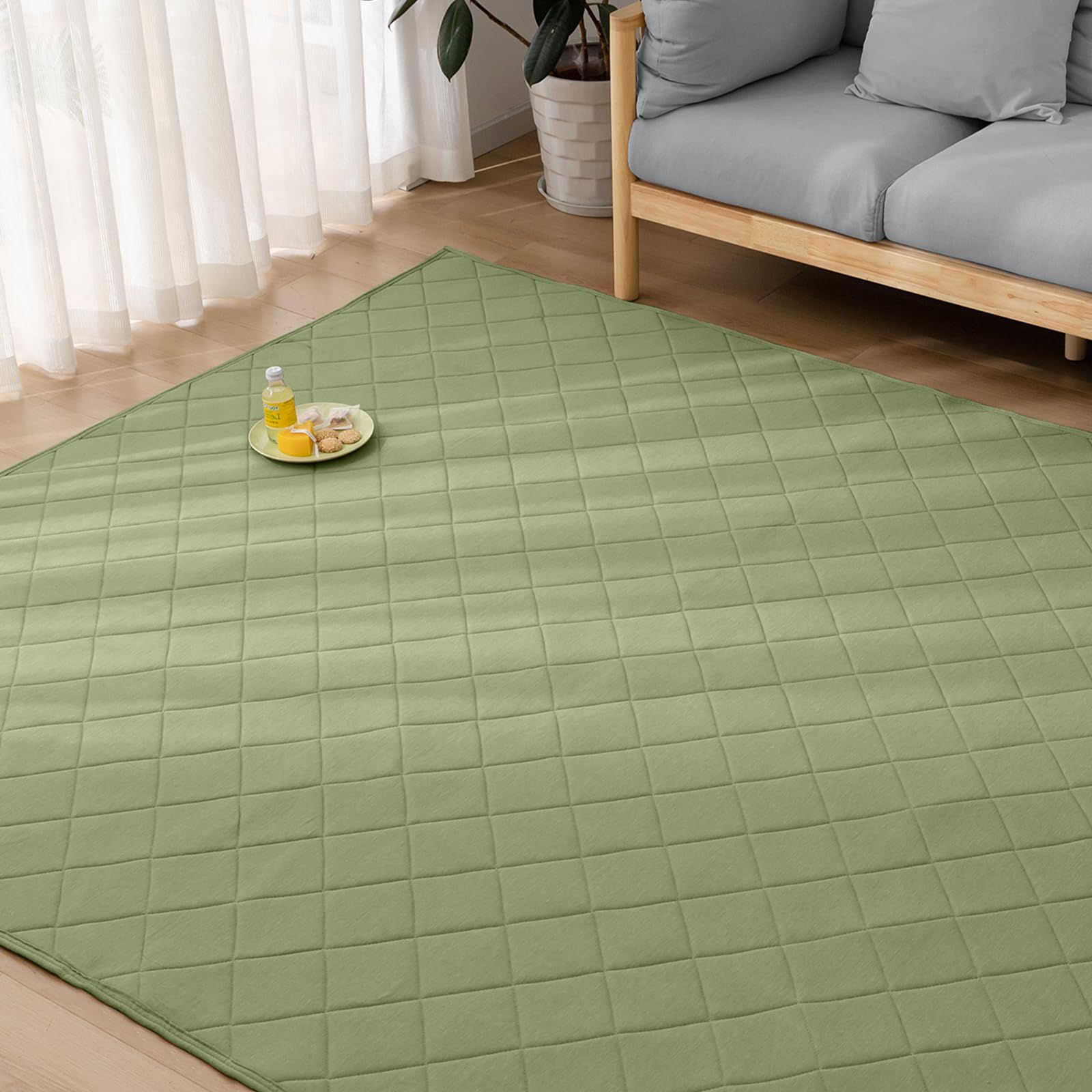 Keusnix ラグ カーペット キルトラグ 2畳 190x190CM ラグマット 綿 春夏に向き 洗える 滑り止め付き 抗菌 防臭 防ダニ サラサラ肌触り リビングマット オールシーズン快適 軽量タイプ グリーン