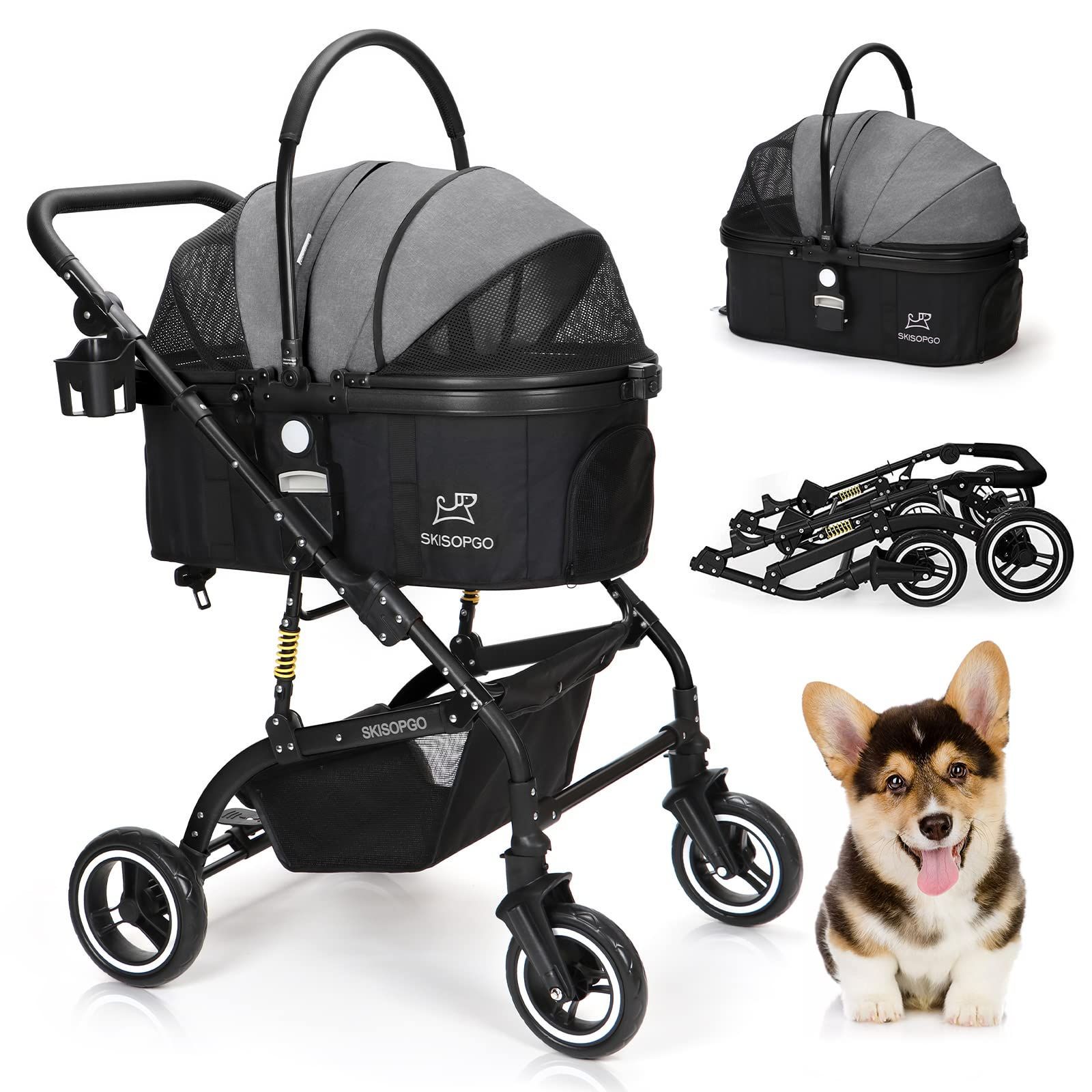 SKISOPGO 分離型ペットカート 犬用 猫 兼用 ペットバギー 多機能ドッグカート 前輪360°回転 後輪ブレーキ付 安全装置付 脱走防止 多頭用 小型犬 中型犬 老犬 介護用