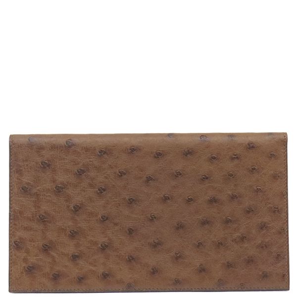 エルメス HERMES 長財布 札入れ オーストリッチ ブラウン系 茶 二つ折り財布 ○Z刻印