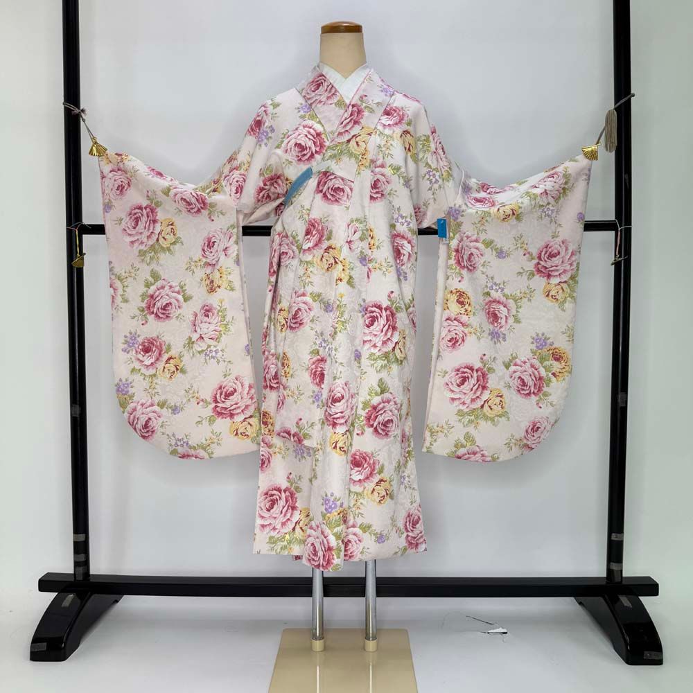 二尺着物 袴用着物 卒業式 裄66.5㎝ 中古 着物のみ　白　花柄ｎ-30 二尺袖 単品 卒業式着物 白 裄68.5cm Lサイズ 袴用着物 化繊
