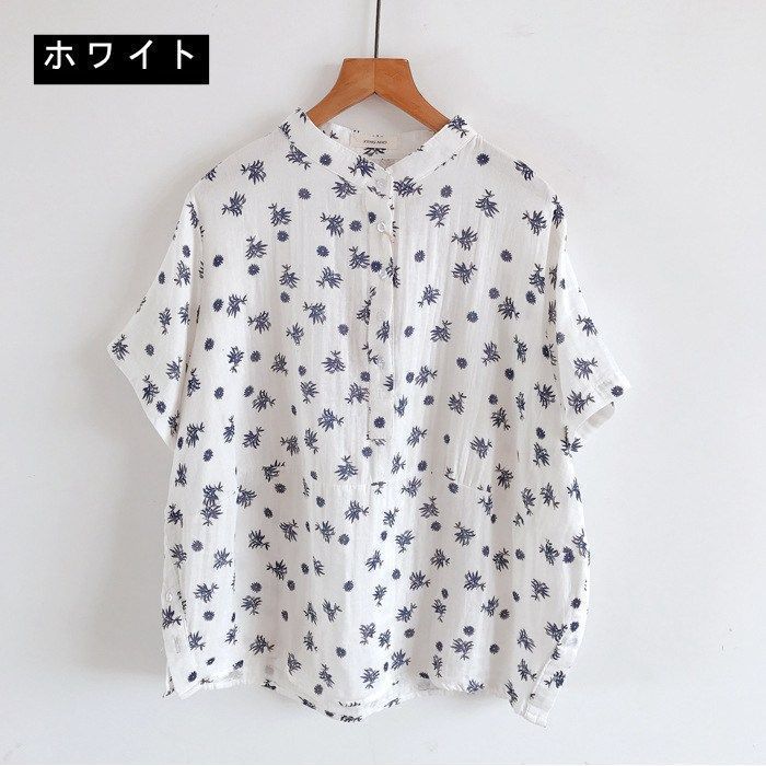  ガーゼ シャツ レディース 半袖 スタンド ダブルガーゼ 綿 スウェット コットン トップス カジュアル 夏 柔らかい 大人 かわいい ナチュラル 総柄 キレイめ jCJr 588 半袖 シャツ ブラウス