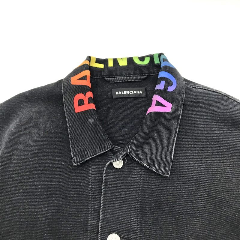 BALENCIAGA デニムジャケット レインボーロゴ 刺繍 ブラックデニム G 
