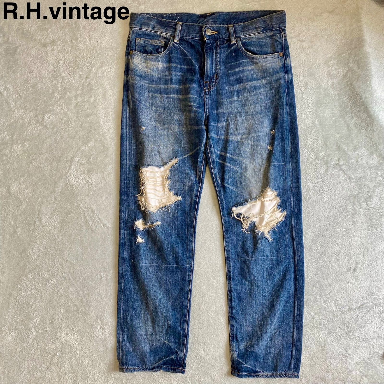 【美品】R.H. VINTAGE ダメージ加工ストレッチデニム インディゴ R .H.ViNTAGE】ロンハーマン ダメージデニム ストレート ジーンズ