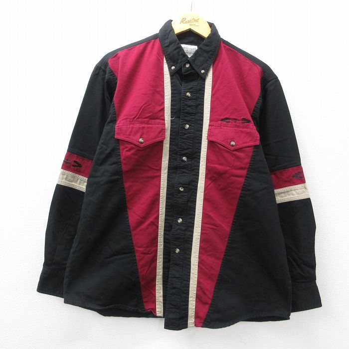 XL/古着 長袖 ウエスタン シャツ メンズ 00s マルチカラー コットン ボタンダウン 黒 ブラック 24sep02 中古 トップス