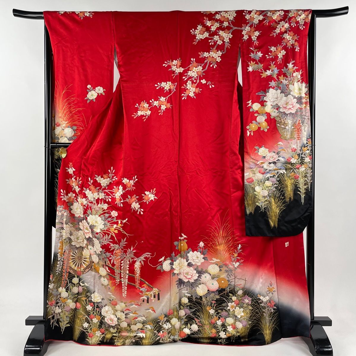 振袖 身長152-167cm 赤×白　正絹 振袖 レンタル フルセット 赤 レッド 斉藤三才 プチサイズ 適応