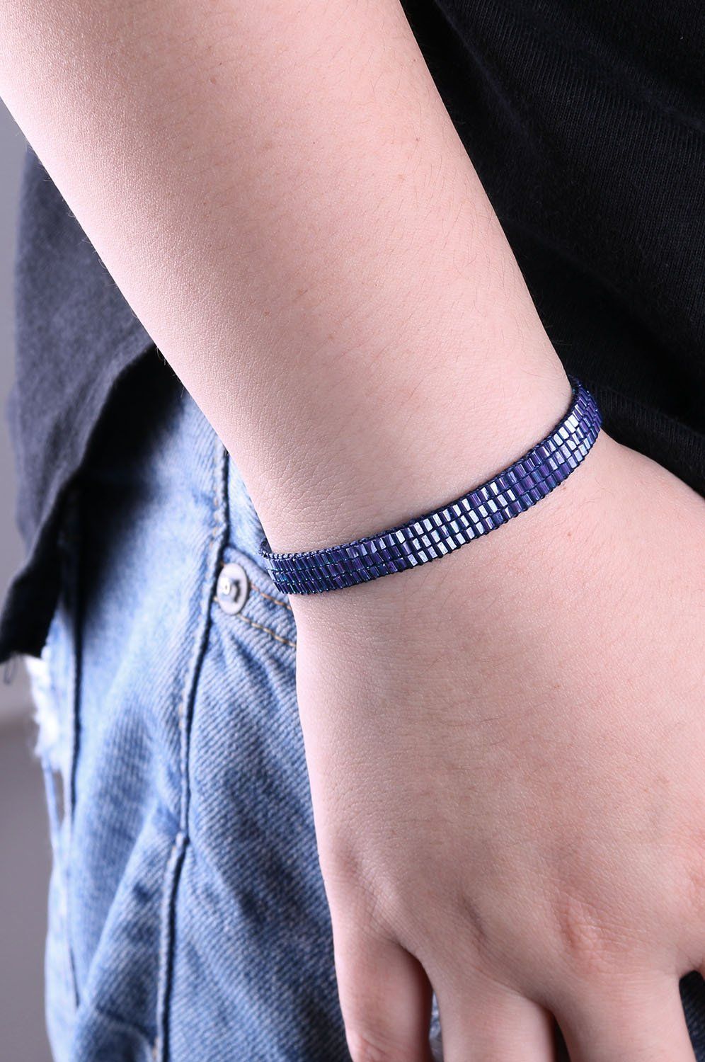 ブルークリスタルビーズラップブレスレット天然皮革ハンドメイドストランドチャームガールズジュエリー ダークブルー