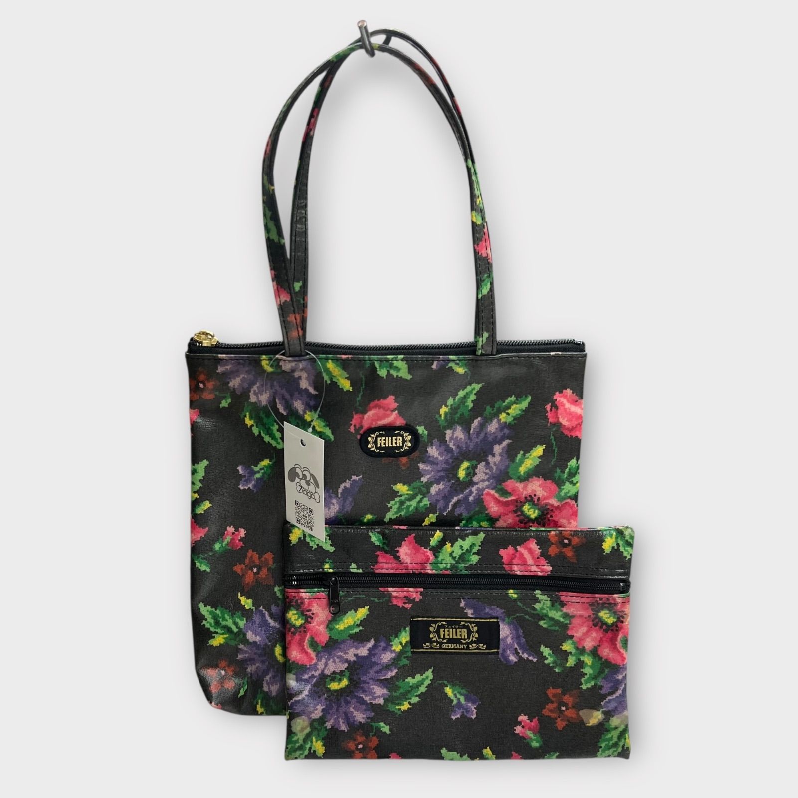 FEILER フェイラー ポーチ付き トートバッグ 花柄 PVC ブラック