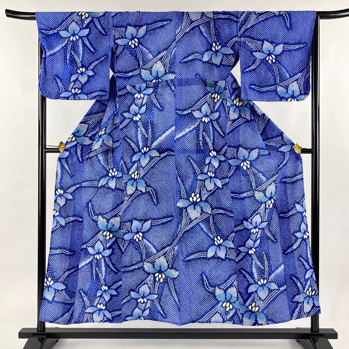 浴衣 身丈151cm 裄丈65cm M 絞り浴衣 草花 青 綿 名品