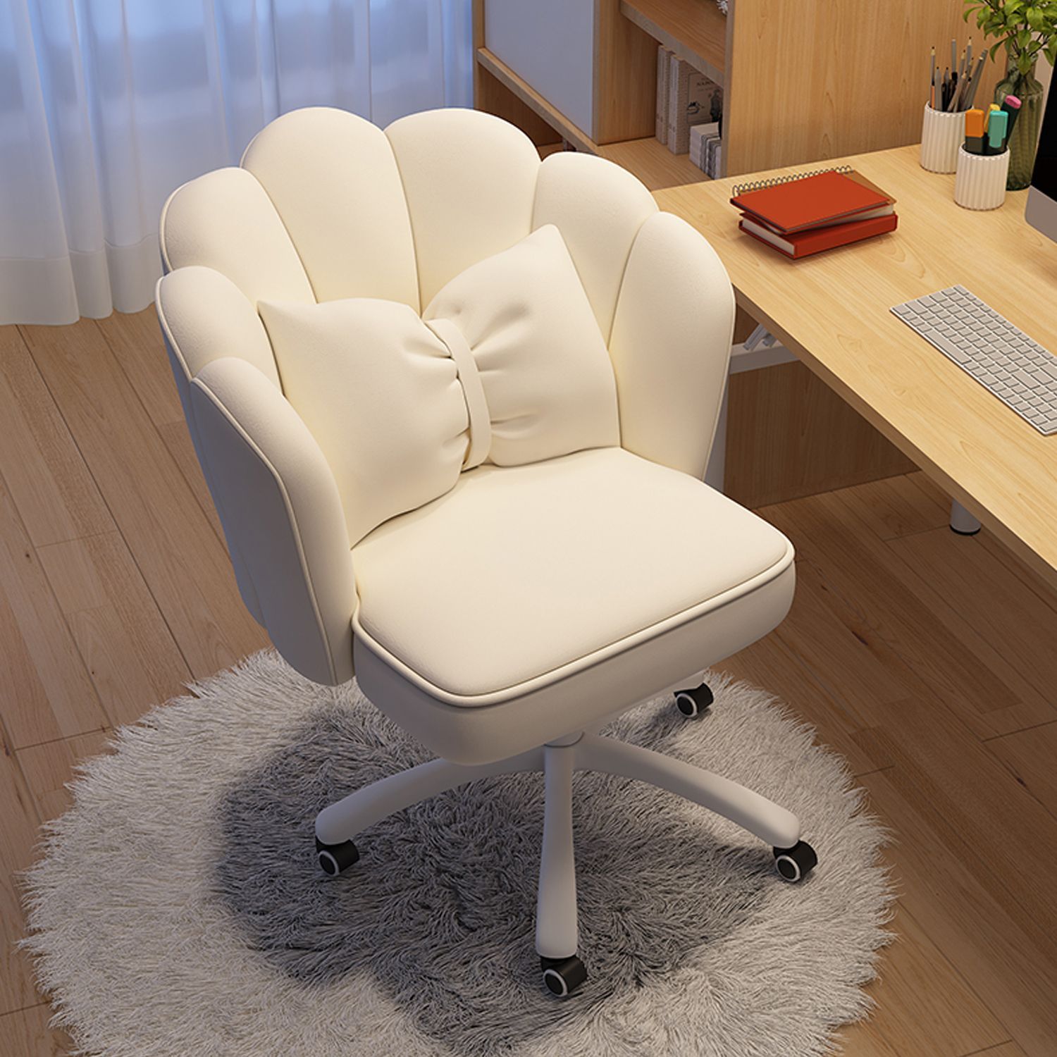 デスクチェア パソコンチェア リビングチェア 360度回転 座面昇降 リボンクッション付き 通気性 在宅勤務 いす