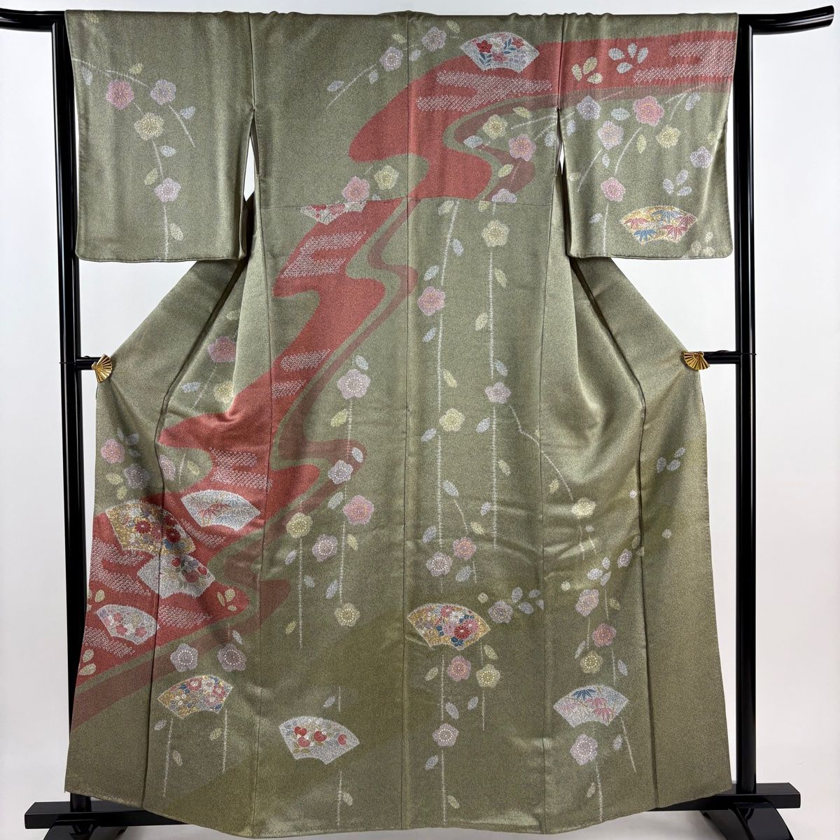 訪問着 身丈162cm 裄丈63.5cm S 袷 扇面 草花 金通し 金銀彩 茶緑色 正絹 名品 【】