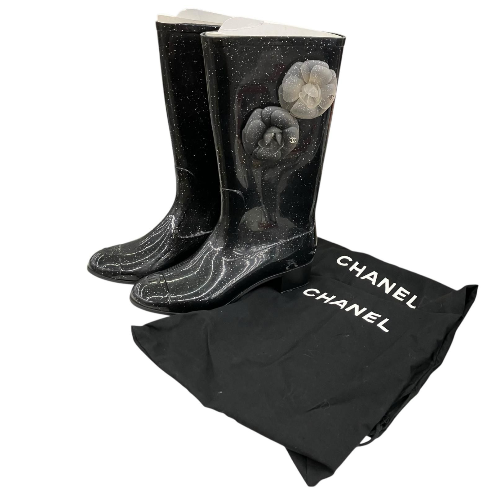 186005 現状品 CHANEL シャネル CHANEL 収納袋付き ︎ レインブーツ CHANEL 36 23cm ブラックラメ エナメル レディース