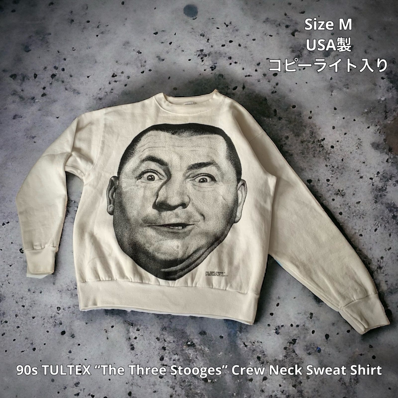 90s TULTEX “The Three Stooges” Crew Neck Sweat Shirt タルテックス 3ばか兄弟  クルーネックスウェット 長袖 ホワイト Mサイズ USA製 米国製 Curly Howard 石頭のカーリー コピーライト入り