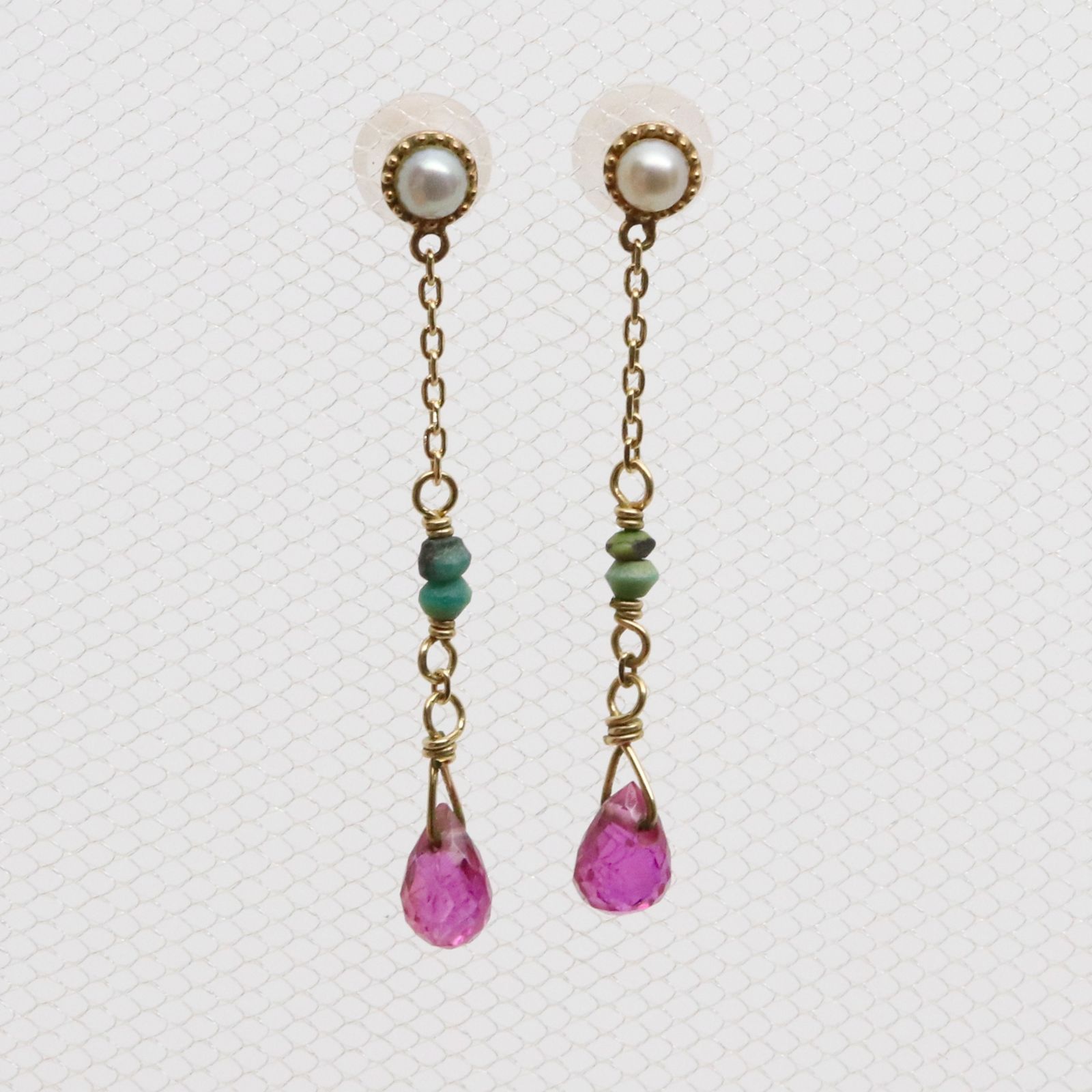 アガット ルビー ターコイズ ロングチェーン ピアス K10/24-2192