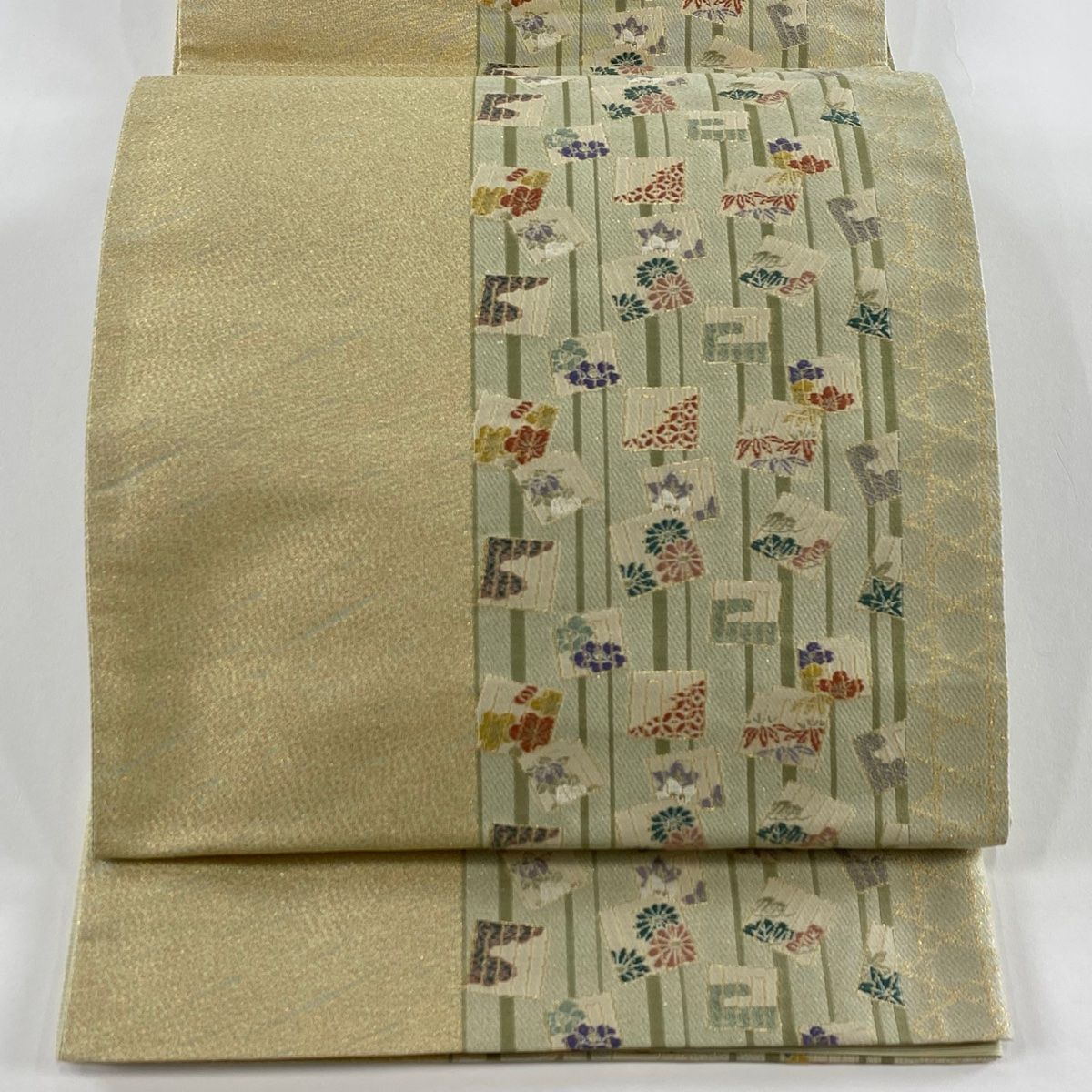 袋帯 秀品 源氏香 草花 金糸 抹茶色 六通 正絹