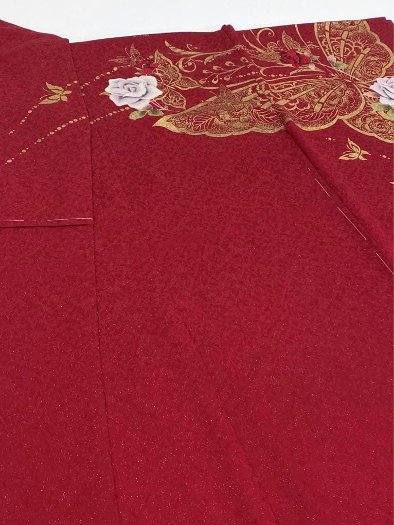 振袖 仮絵羽 銀通し ラメ刺繍 金彩 薔薇 正絹 未仕立て品 八掛