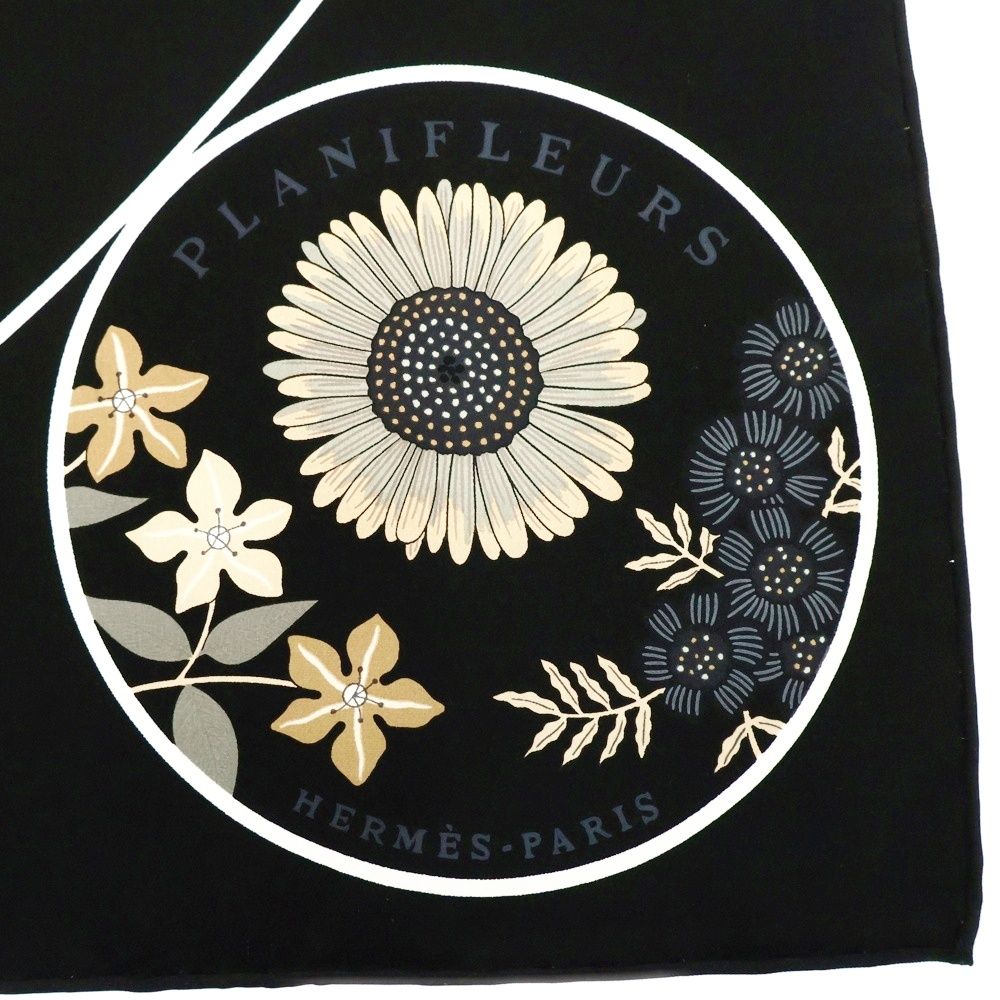 大人の上質  (エルメス) HERMES カレ90 ブラック プラニフルール PLANIFLEURS 小物