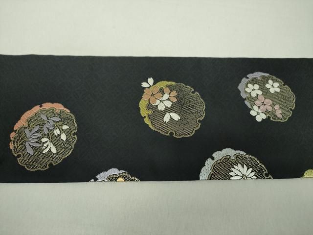平和屋着物○九寸名古屋帯 唐織 雪輪花文 黒地 金糸 正絹 逸品