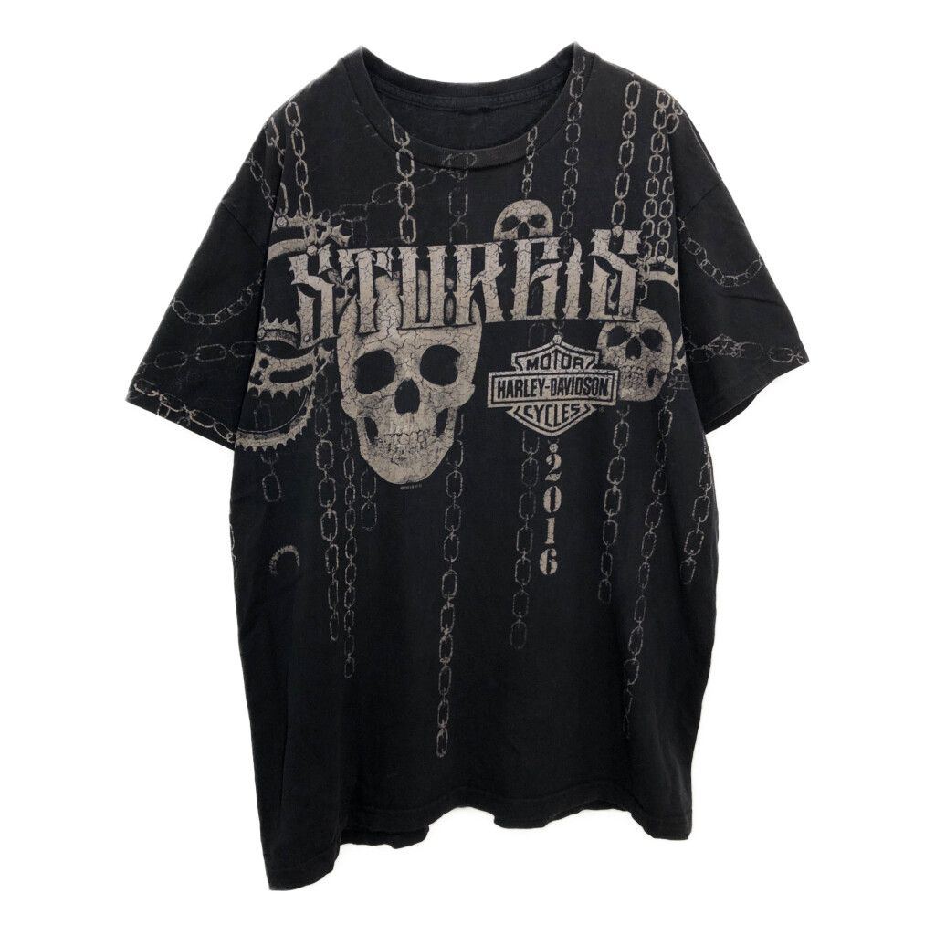 HARLEY DAVIDSON ハーレーダビッドソン スカル チェーン オールオーバープリント Ｔシャツ Y2K ブラック メンズ L相当 古着 T9684