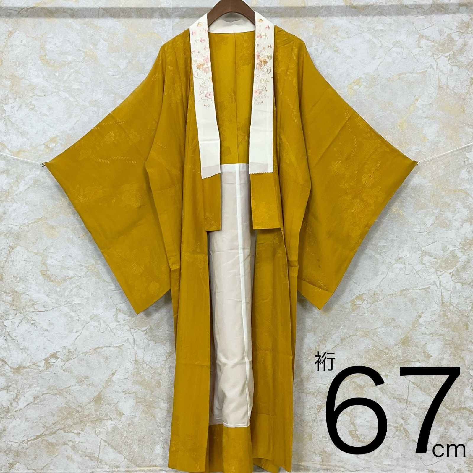 kimono+one◆美品◆長襦袢◆単衣◆居敷当て付き◆刺繍半衿付◆ガード加工済◆やまと誂製◆からし色◆裄長◆裄67肩丈123◆小紋紬附下訪問着留袖袷単衣夏着物◆K1159