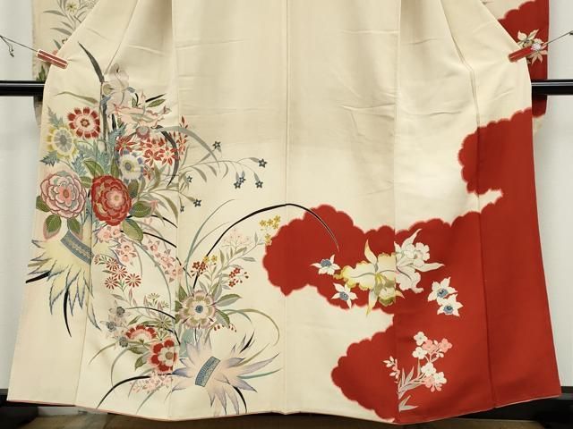 平和屋着物○アンティーク 大正ロマン 振袖 草花文 金彩 鬼しぼ縮緬