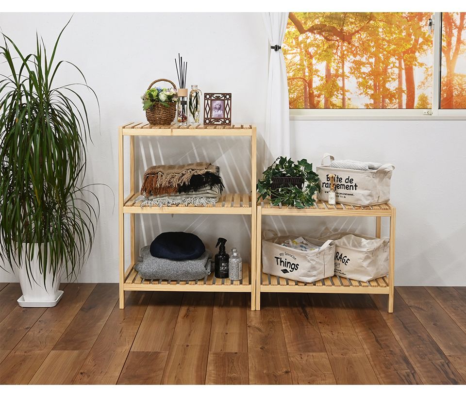 ナチュラルウッド2段シェルフ　アンティーク 古材のオープンシェルフ 木製 棚 収納棚 和風 飾り棚 天然木 2段