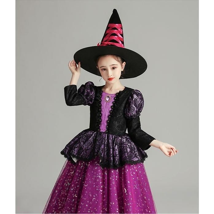 キッズ 子供服 ハロウィン 魔女 ウィッチ 女の子 ワンピース パフスリーブ 長袖 帽子 ロング丈 コスプレ衣装 コスチューム パーティ