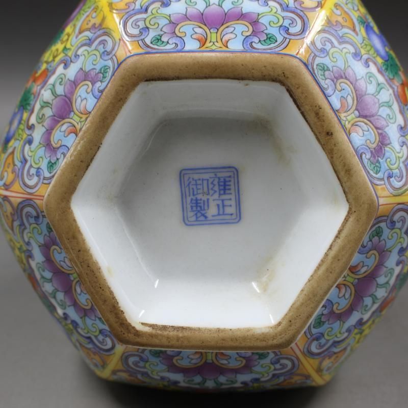 蒔金琺瑯彩六方玉壺春瓶 景徳鎮 陶磁器 装飾品 現代工芸品 美術